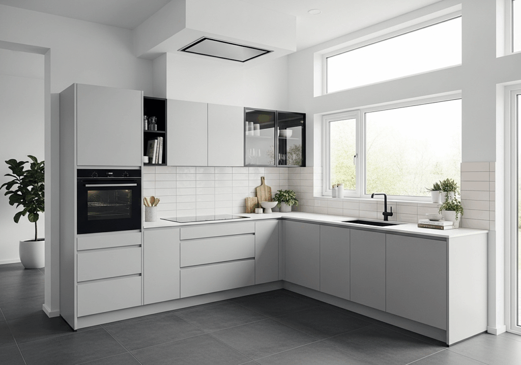 Weiße Küche mit heller Arbeitsplatte und schwarzen Akzenten - Dassbach Küchen Haan