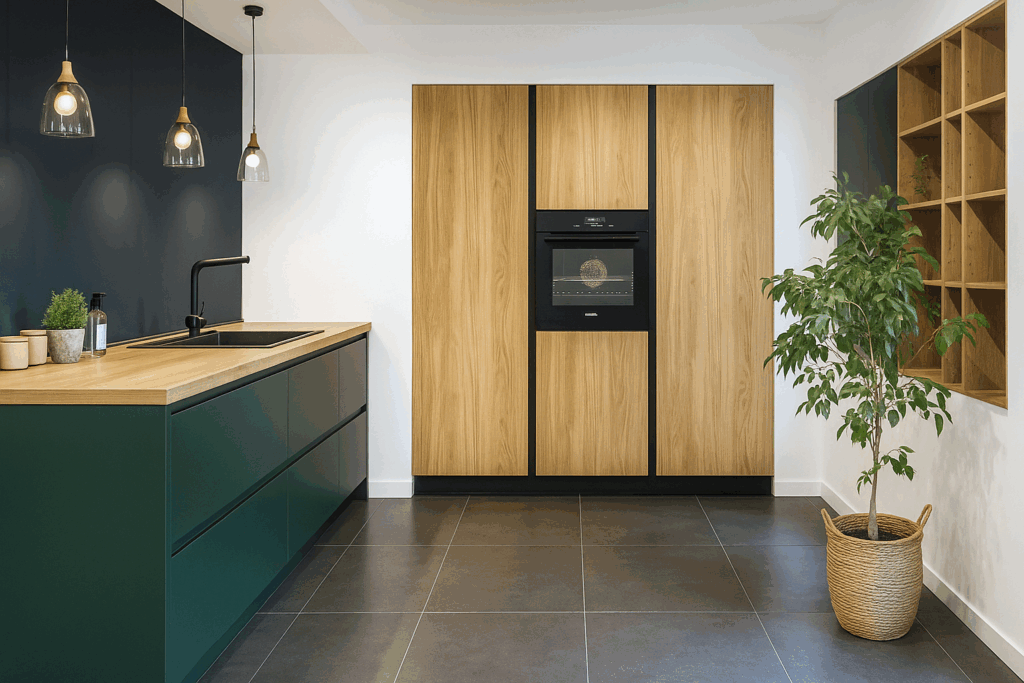 Holzfarbene Küchenschränke mit dunklen Unterschränken - Dassbach Küchen Bochum