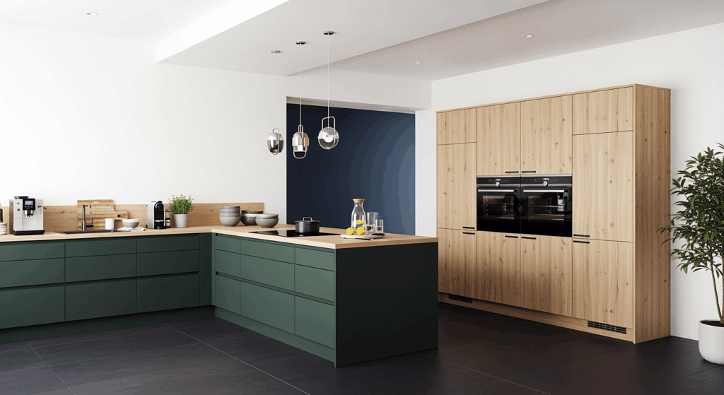 Holzfarbene Küchenschränke mit dunklen Unterschränken - Dassbach Küchen Haan
