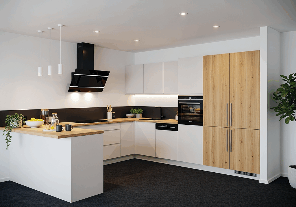Hochglanzküche mit holzfarbenen Fronten und dunklen Rückwänden - Dassbach Küchen