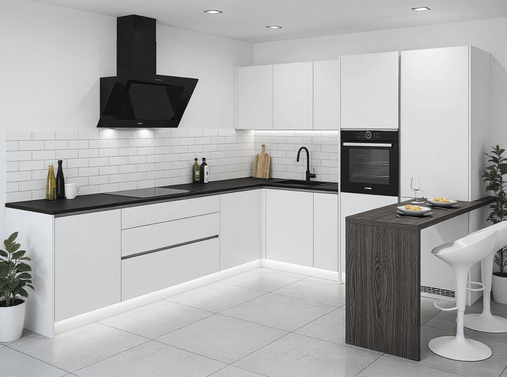 Weiße Küche mit schwarzer Arbeitsplatte und kleinem Tisch - Dassbach Küchen Bochum