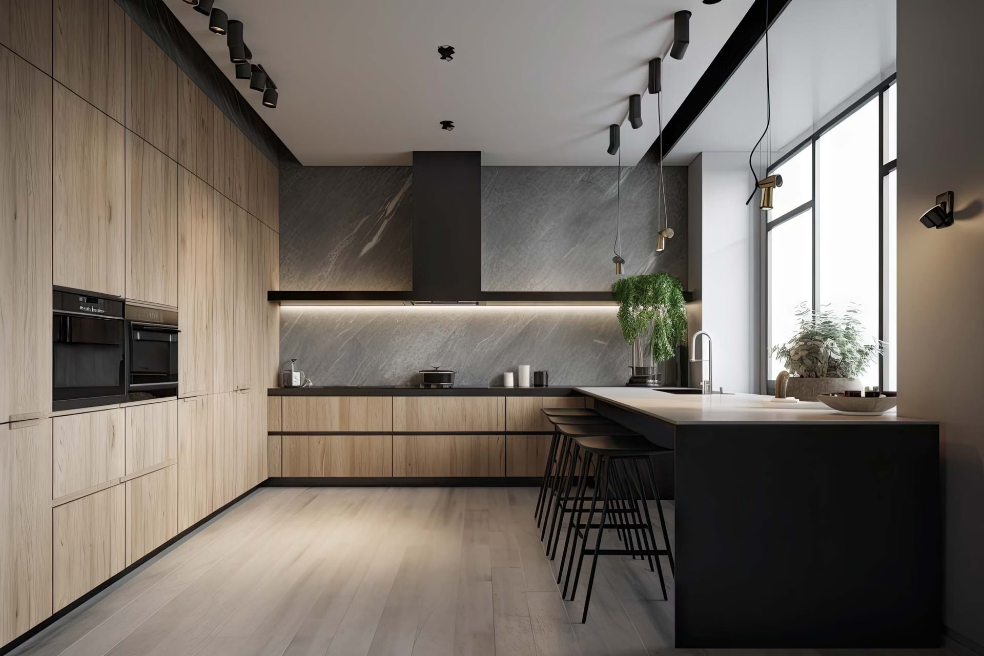 Elegante U-Küche mit Holzfronten und dunklen Applikationen - Dassbach Küchen